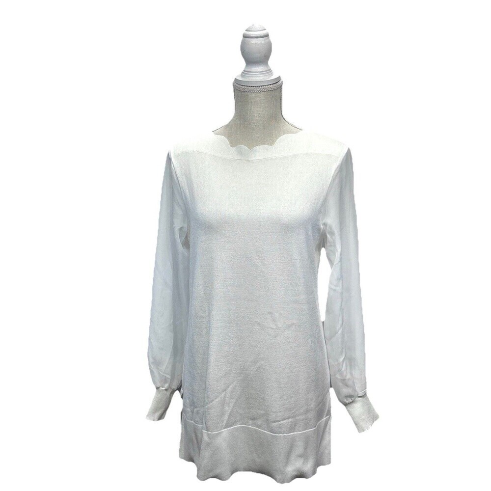 Cable & Gauge Ivory Scallop Boat Neck Sheer Sleeve Tunic Sweater Medium New